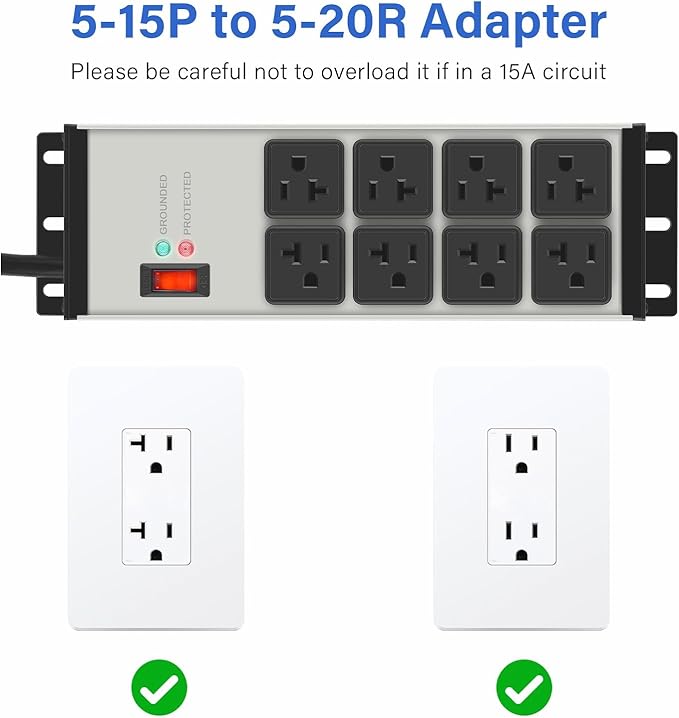 CCCEI Heavy Duty Power Strip Surge Protector 20 AMP, 8 Outlets 12 Gauge Industrial Shop Garage Metal Multiple Outlets, 15 FT Extension Cord 5-15P Adapter High Amp 6-20R T-Slot 20a for Appliance