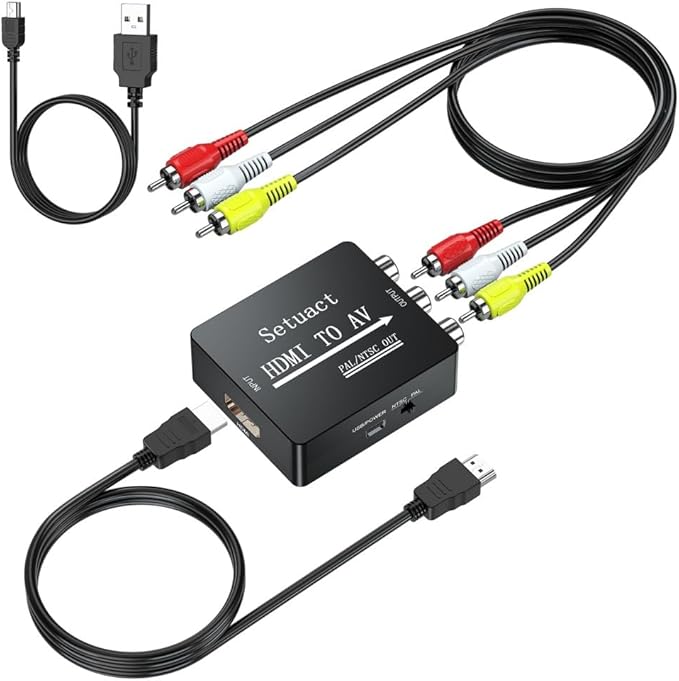 Setuact HDMI to AV Converter, HDMI to RCA Converter, Supports PAL/NTSC for Apple TV, Roku, Fire Stick, Blu-ray, DVD Player, Older TV, Projector, (with Male RCA and HDMI Cables)