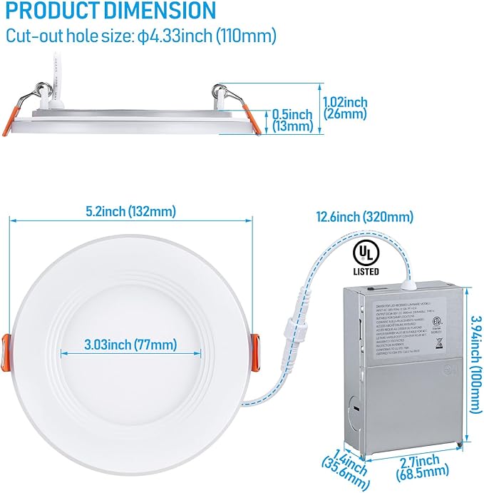 TORCHSTAR 8-Pack 5CCT 4 Inch Slim LED Recessed Lights with Night Light, CRI90, Anti-Glare Baffle Trim, 27003000350040005000K Selectable, 9W Dimmable Ultra-Thin Canless Wafer Downlight, ETL