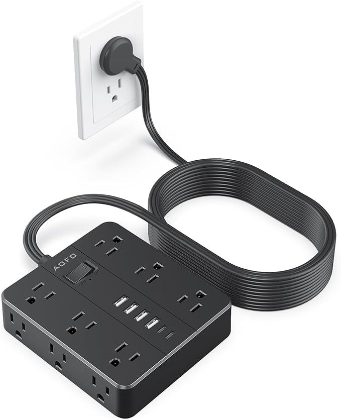 AOFO 25FT Surge Protector Power Strip,12 AC Outlets with 6 USB Ports (2 USB-C), Flat Plug Extension Cord with Multiple Outlets, Wall Mount for Home Office,Dorm, Black