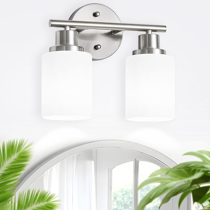 Guliaofo 2-Light Vanity Lights, Brushed Nickel Bathroom Light Fixture with Striped Textured Milky White Glass Shade, E26 Modern Vanity Lighting Fixture for Bathroom Wall Sconce Light Over Mirror