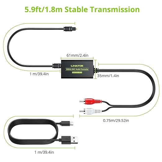 LiNKFOR 192kHz DAC Converter Digital to Analog Converter Digital Optical SPDIF Toslink to Analog Stereo Audio RCA L/R Audio Adapter with Optical Cable for HDTV (SPDIF to RCA 6ft/1.8m)