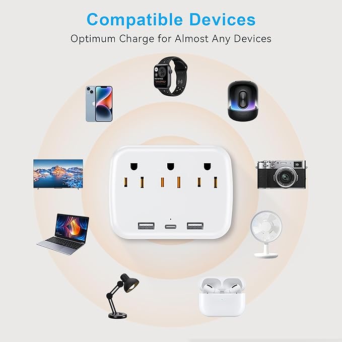 Penemay Multi Plug Wall Outlet Splitter With USB, Multiple Outlet Extender Surge Protector With 3 USB Ports(1 USB C PD20W), Electrical Outlet Adapter Extension for Travel Home Office Dorm 2 Pack White