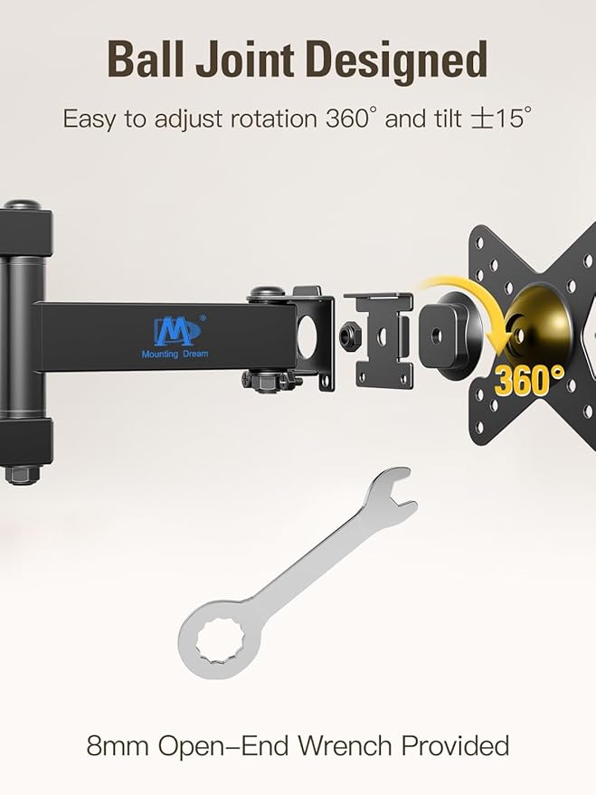 Mounting Dream UL Listed Full Motion Monitor Wall Mount TV Bracket for 10-26 Inch LED, LCD Flat Screen TVs and Monitors, TV Mount with Swivel Articulating Arm, Up to VESA 100x100mm and 33LBS MD2463