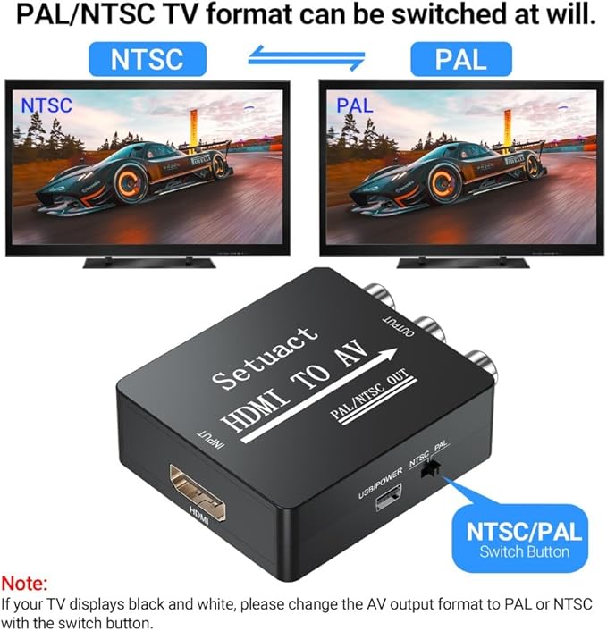 Setuact HDMI to AV Converter, HDMI to RCA Converter, Supports PAL/NTSC for Apple TV, Roku, Fire Stick, Blu-ray, DVD Player, Older TV, Projector, (Single)