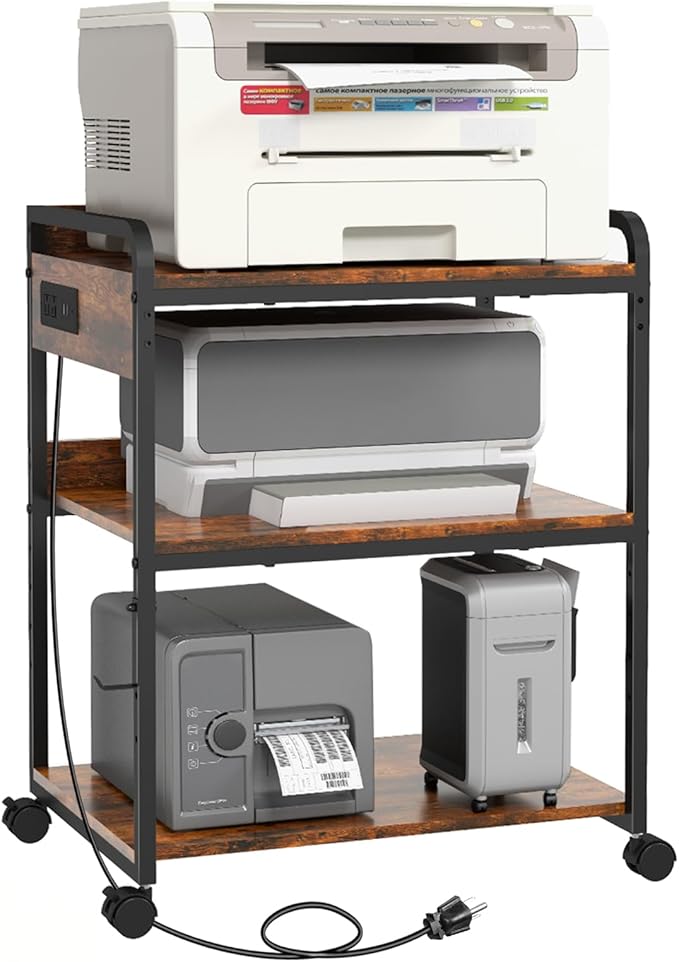 Livofloral 3 Tier Large Printer Stand with Wheels, 25.2 x 18.9 Inch Printer Stand with Power Outlet USB Port, Printer Table with Adjustable Storage Shelf for Home Office, Rustic Brown