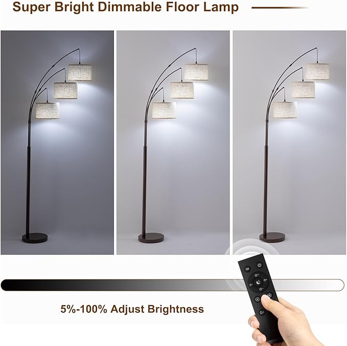 Fansdrick 3 Light Arc Floor Lamps for Living Room, 2400LM Super Bright Floor Lamp with Remote Control, 80" Tall Floor Lamps with Stepless Dimmable, Mid Century Tree Floor Lamp for Bedroom, Office