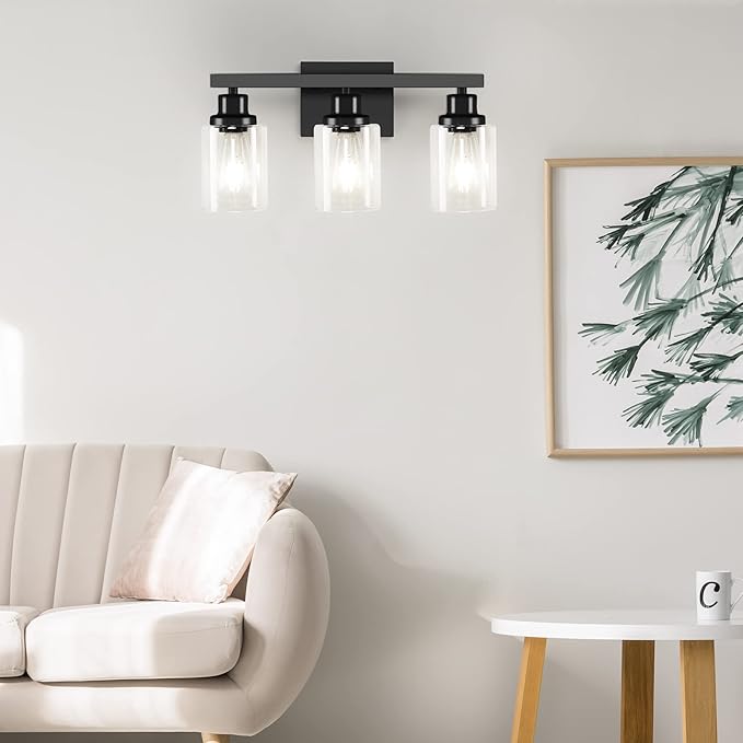 DIKAIDA 3-Light Bathroom Light Fixtures, Black Bathroom Vanity Light with Clear Glass Shade, Modern Bathroom Wall Lights Over Mirror, Farmhouse Wall Sconces Lighting for Bedroom LivingRoom