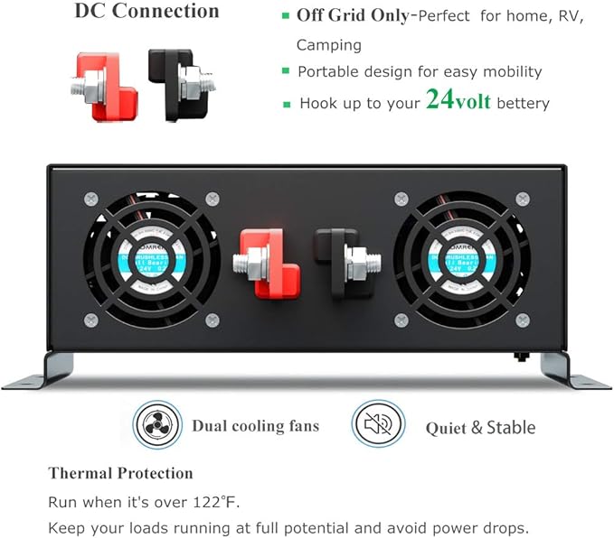 WZRELB 4000W 24VDC 120VAC Pure Sine Wave Power Inverter, 2 AC Outlets, Wired Remote Control, RV