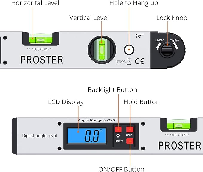 Proster 0-225° Digital Angle Finder Protractor - Aluminum Angle Gauges 225° 16 inch Backlit LCD Protractor with Horizontal and Vertical for Carpenter Woodworking Home Decoration