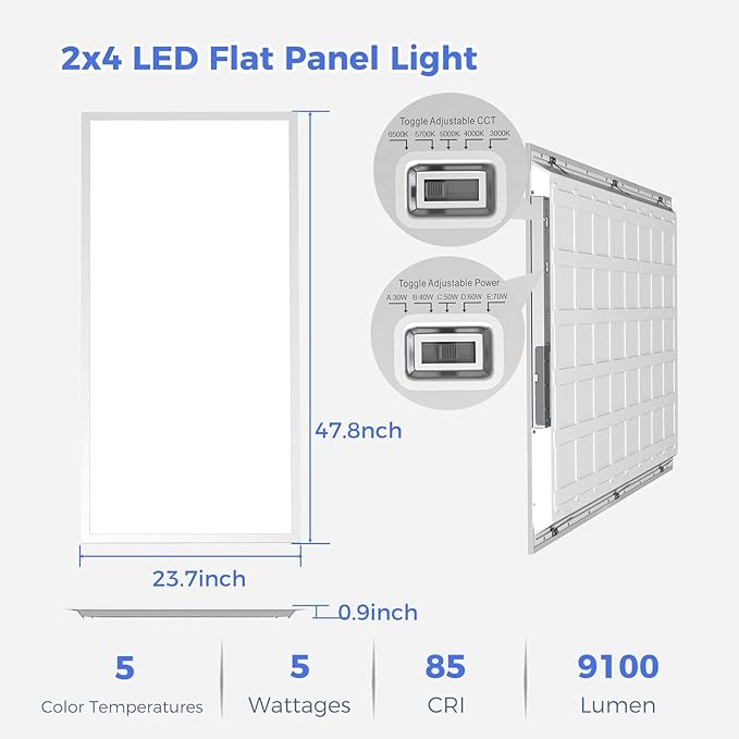 AIKVSXER 42 Pack 2x4 LED Flat Panel Light, Bright 9100LM Office Kitchen Flush Mount Ceiling Light Fixtures,Dimmable,Switchable 5CCT 3000K/4000K/5000K/5700K/6500K, 5 Wattages 30W/40W/50W/60W/70W