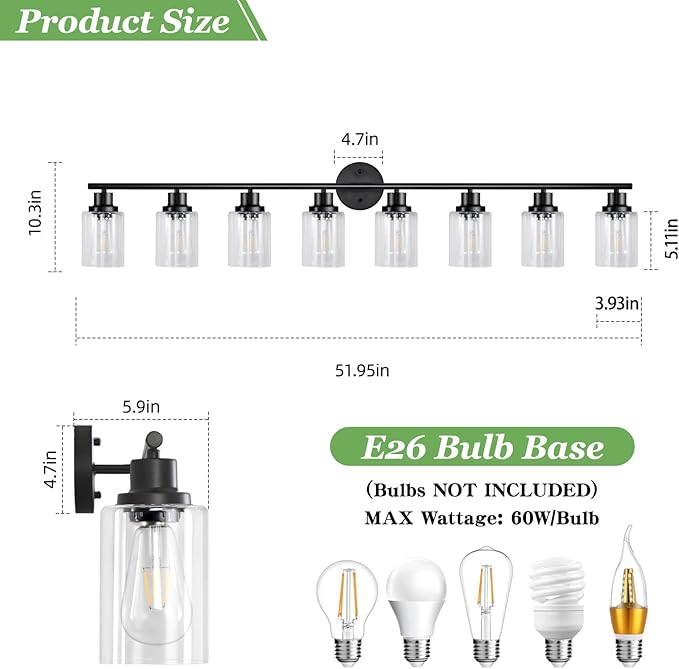 Guliaofo 8-Light Black Vanity Lights, Modern Bathroom Light Fixtures with Clear Glass Shade, Wall Lamps for Mirror Kitchen Hallway Cabinet Living Room Sconces Lights - E26
