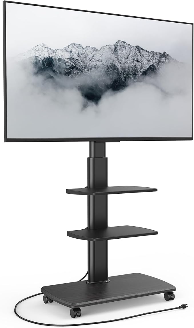 FITUEYES Rolling TV Stand with Power Outlets, Swivel Portable TV Stand for 32-70 Inch LCD LED OLED Flat/Curved Panel Screen TVs, Height Adjustable&Wood Base, Mobile TV Cart with 2 Shelves, Black