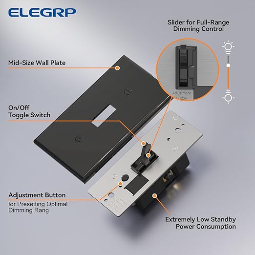 ELEGRP Digital Toggle Dimmer Switch for Dimmable LED, CFL and Incandescent Light Bulbs, Single Pole or 3-Way Toggle LED Dimmer Light Switch, Wall Plate Included, UL Listed, 2 Pack, Black