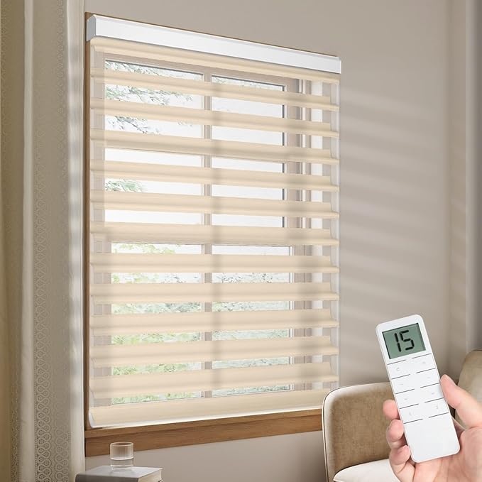 Tokblind Motorized Sheer Shade with Remote Control, Light Filtering Electric Roller Blind Compatible with Alexa via Hub, Rechargeable Smart Window Shade Custom Size (Light Filtering Coffee)