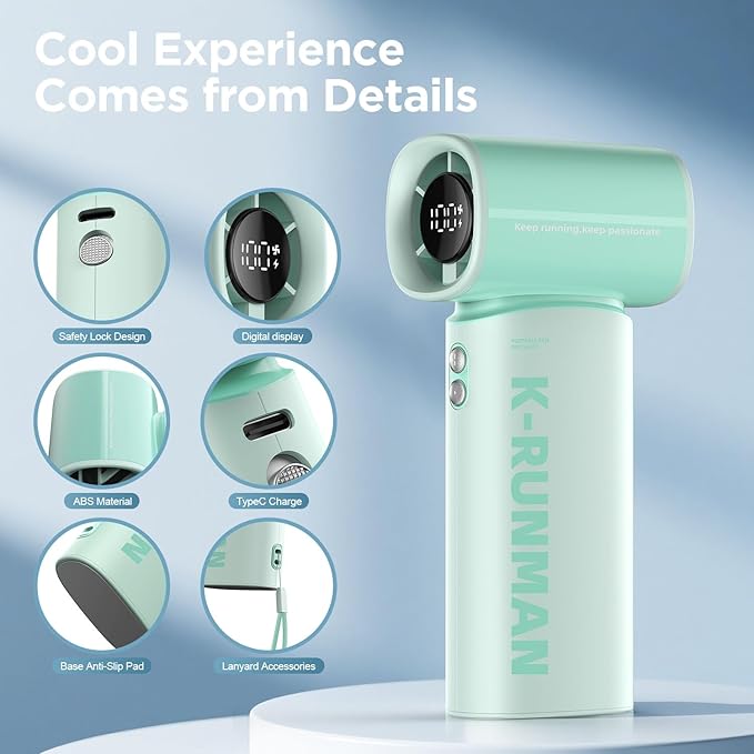 K-RUNMAN Portable Handheld Turbo Fan,100 Speeds Adjustable Mini Personal Fan, 4000mAh USB Rechargeable Battery Operated, LED Display,Gifts for Women Men Travel/Camping/Outdoor (Green)