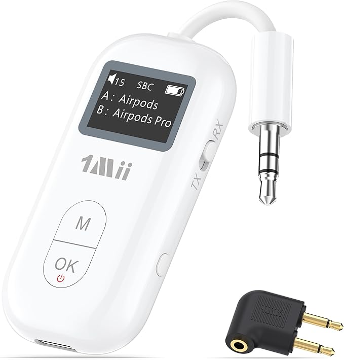 1Mii SafeFly Pro Bluetooth 5.3 Transmitter Receiver, Wireless Audio Adapter w/Screen for 2 Bluetooth Headphones, aptX LL/HD/AD, Use with Any 3.5MM Jack on Airplane, TV & iPad/Tablet