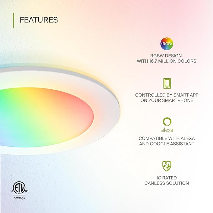 ASD 1 Pack LED Smart Recessed Lighting 6 Inch 15W, RGBW Color Changing Lights, Compatible with Alexa & Google Assistant, Dimmable 2700K-6500K Selectable RGB Lights, WiFi Bluetooth Ceiling Light, ETL