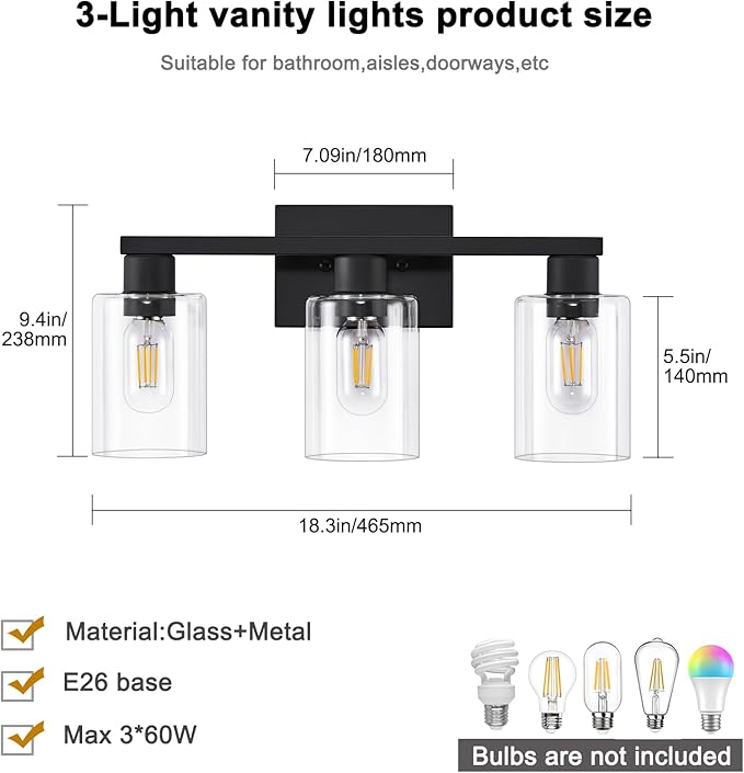 SOPEAS 3-Light Bathroom Vanity Light, Black Vanity Lights with Clear Glass Shades, Bathroom Wall Sconce Lamp for Mirror Living Room Bedroom Hallway