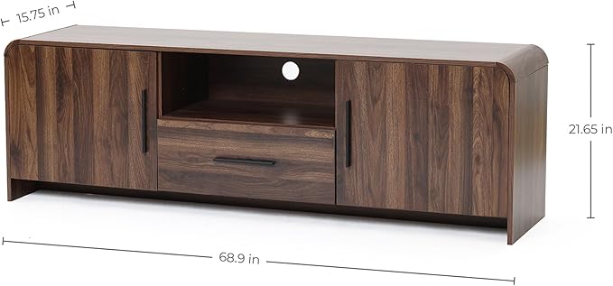 LuxenHome 70" Mid-Century Modern TV Stand for TVs up to 75", Walnut Finish TV Stand with Rounded Corners, Entertainment Center Console with 2 Doors & 1 Drawer for Living Room, Bedroom