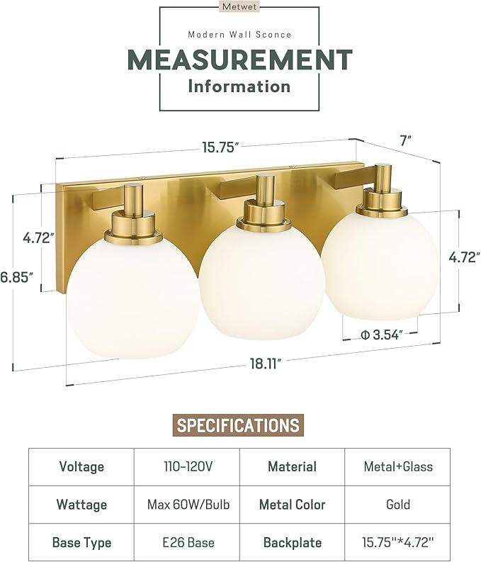 METWET Bathroom Light Fixtures, 3-Light Brushed Gold Vanity Light, Modern Wall Sconces with Milk White Globe Glass Shade, Vanity Lighting Fixtures Over Mirror, VL195-BG-ML-3