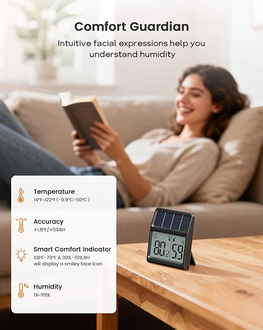 Digital Indoor Thermometer & Hygrometer, Light Powered (No Rechargeable Batteries Runs Only on Real-time Light Exposure) Solar Indoor Temperature and Humidity Monitor, Humidity Gauge