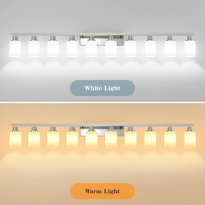 DIKAIDA 10-Light Bathroom Vanity Light Brushed Nickel,64.5in Vanity Lights with White Frosted Glass,Modern Bathroom Wall Lights Fixtures Over Mirror,Wall Sconces Lighting for Bedroom Living Room,E26