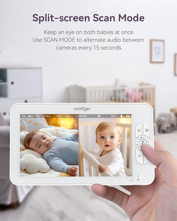 Comfyer 7" HD Split-Screen Baby Monitor with 2 1080P Cameras, 48 Hrs 6000mAh Battery Runs 2 Days in VOX Mode, No WiFi Monitor with a Flexible Bracket, 2 Way Audio, Remote PTZ, Auto Night Vision