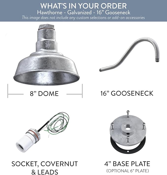 Steel Lighting Co. Hawthorne Barn Light | Outdoor Wall Mounted | 8 inch Dome | 16 inch Gooseneck| Small Farmhouse Light Made in America | Galvanized Exterior/Galvanized Interior