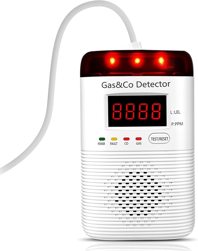 Combination Gas & Carbon Monoxide Detectors Plug in, 2-in-1 Gas Leak Detector & Carbon Monoxide Alarm with Digital Display, Audible & Visual Alarm, Gas CO Leak Sensor for Home, RV