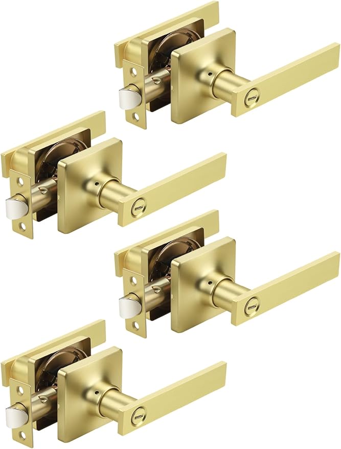 Mengico 4 Pack Gold Privacy Lever Door Handle Interior with Lock, Heavy Duty Square Door Lock for Bed/Bath, Keyless Door Locksets, Reversible for Left Right Handed Doors