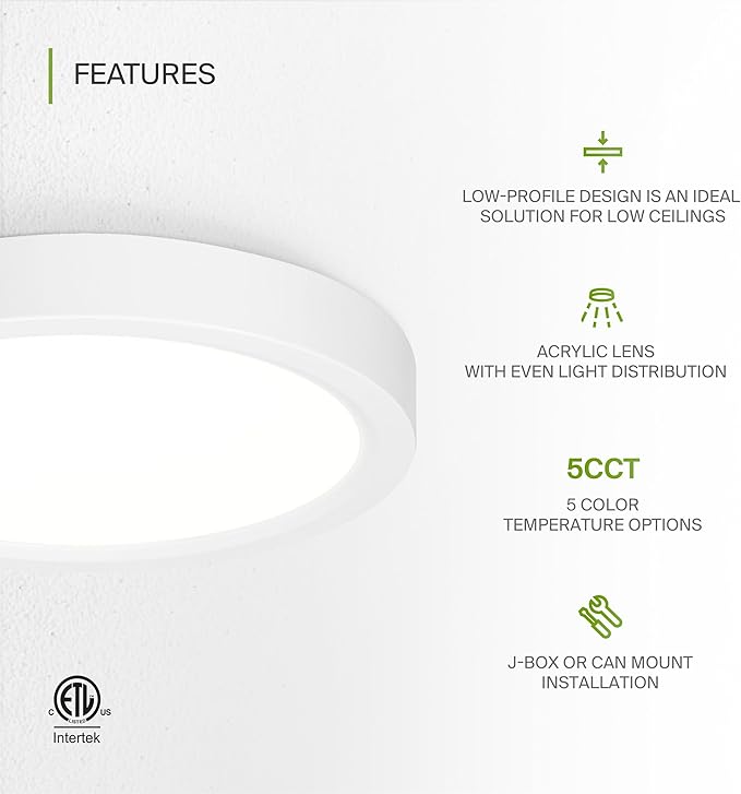 ASD LED 7" Round Flush Mount Ceiling Light Fixture, Low Profile Surface Lighting | 5CCT, Dimmable, Ultra-Thin, ETL Listed | 15W 1260LM 2700-6000K 120V | Kitchen, Bedroom, Hallway Lamp | White
