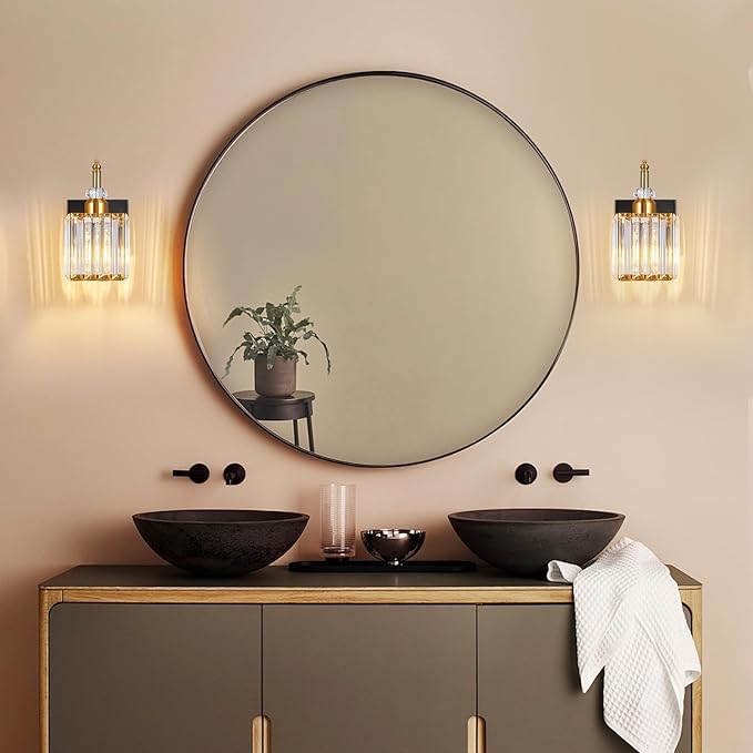 BBLLWJ Modern Wall Sconces Set of Two Black Gold Indoor Wall Mounted Room Sconce Crystal Wall Lighting Bathroom Vanity Light Fixtures
