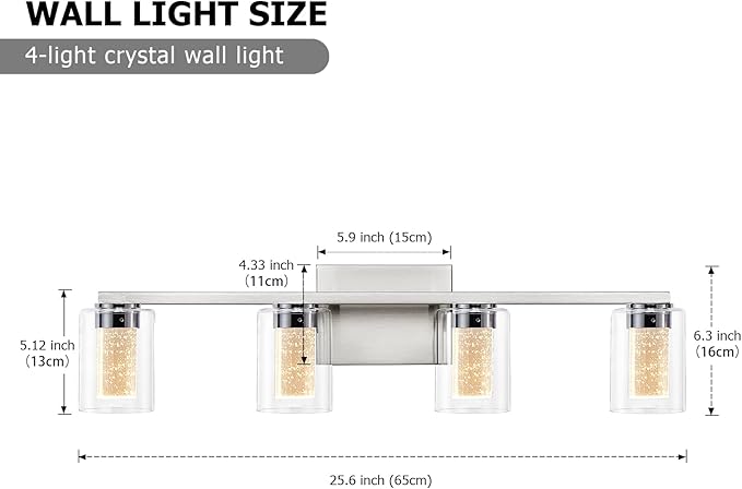 SADENICEL 4-Light Bathroom Light Fixtures, Brushed Nickel, Dimmable LED White/Neutral/Warm Crystal Bathroom Vanity Lights Over Mirror, for Bedroom,Living Room