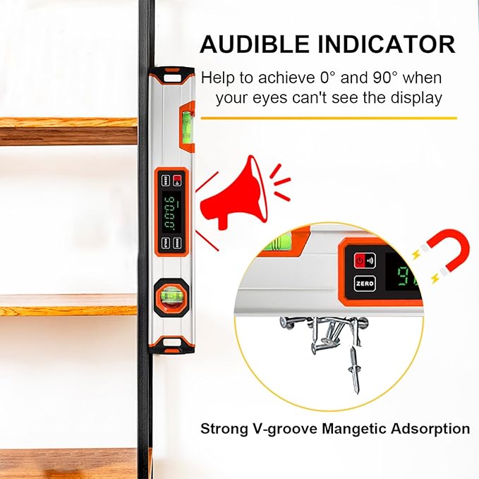 eOUTIL 15.7-Inch Digital Torpedo Level & Angle Finder – IP54 Waterproof Inclinometer with Backlit LCD, V-Groove Magnetic Base, 0.1° Accuracy – for Construction, Woodworking, Metalworking（Orange)