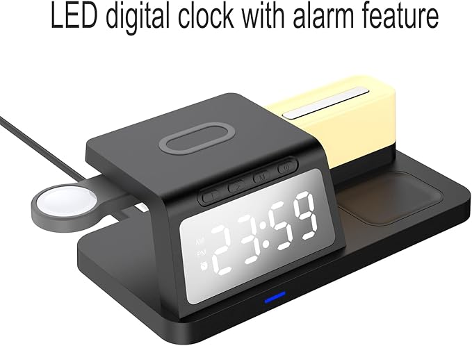 FJHBL Multi-Functional Wireless Charger with Clock -HT309(Black), Alarm, Color-Switchable Night Light, 15W Wireless Charging, Compatible with Almost All Qi-Enabled Phones, Watches, and Earbuds.