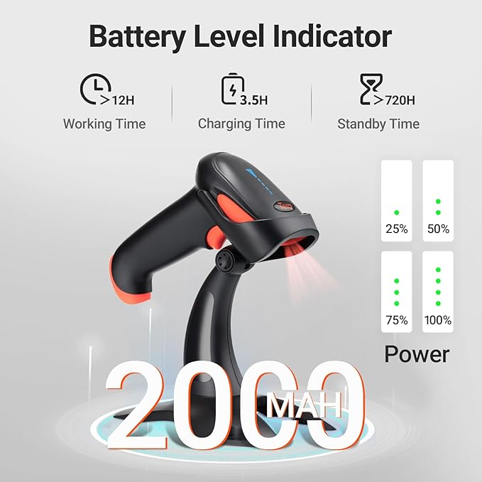 Tera Barcode Scanner Wireless 1D 2D QR with Stand: Battery Level Indicator 3 in 1 Works with Bluetooth 2.4G Wireless USB Wired Handheld Bar Code Reader with Vibration Alert HW0002 Orange