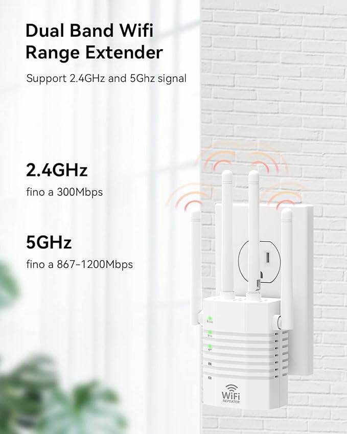 WiFi Signal Booster with 4 Directional Antennas – 1200Mbps Dual Band (5GHz/2.4GHz),WiFi Extender Covers 12,880 Sq.ft, Easy Home Setup and 105-Device Support