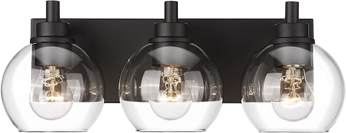 METWET Bathroom Light Fixtures, 3-Light Matte Black Vanity Light, Modern Wall Sconces with Clear Glass Globe Shade, Bathroom Wall Lights for Mirror Kitchen Bedroom Hallway, VL195-MB-3