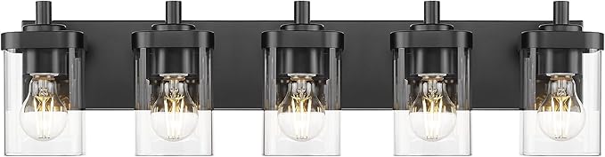 METWET Bathroom Light Fixtures, 5-Light 30" Vanity Light with Square Clear Glass Shade, Modern Matte Black Wall Sconces, Vanity Lighting Fixtures Over Mirror, VL194-MB-5