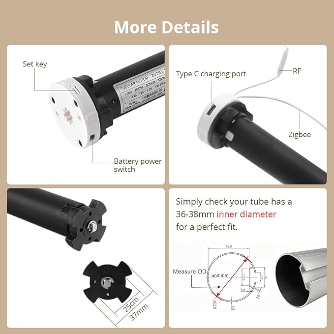 Blindsmart Rechargeable Tuya Zigbee Roller Blinds Motor for 38mm Tube, Motorized Window Shades Automatic Blinds Curtain Opener APP Control, Zigbee Hub Required (with 9-Channels Remote)