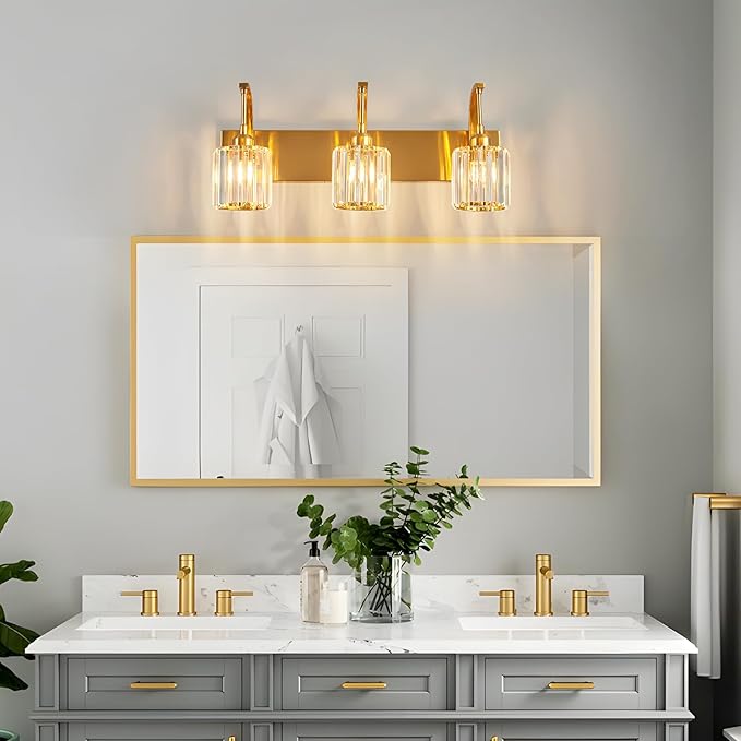 FDPBY 3-Light Crystal Vanity Light, Modern Gold Bathroom Wall Sconce with K9 Crystal Shades, 23.62" Long Over Mirror Lighting for Vanity, Makeup, Hallway, Elegant & Durable