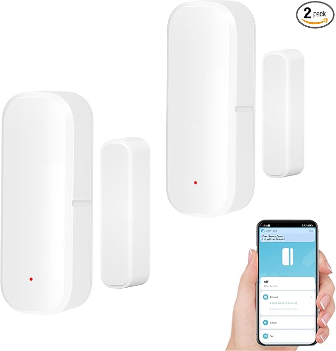 WiFi Door Sensor Window Detector: Smart Magnetic Door Open Detector with App Alerts, Wireless Home Security Contact Sensor, Tuya App Remote Control, Compatible with Alexa Google Assistant (2-Pack)