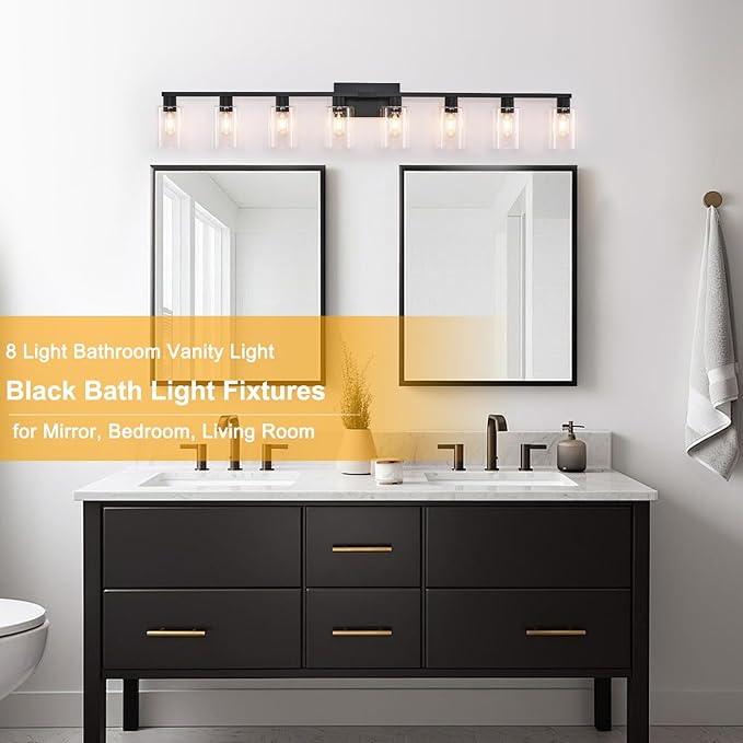 SOPEAS 8-Light Black Vanity Light Fixtures,Vanity Lights Clear Glass ShadeRust and Moisture Resistant Easy to Install Vanity Lights for Bathroom Light Over Mirror