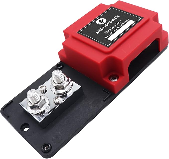 AMOMD 600A 48V Bus Bar Box 4 Stud (3/8 inch) M10 High Current Tin Plated Copper Distribution Block Positive Negative Independent Modules Electrical Battery Ground Buss Bar with Cover for RV Marine