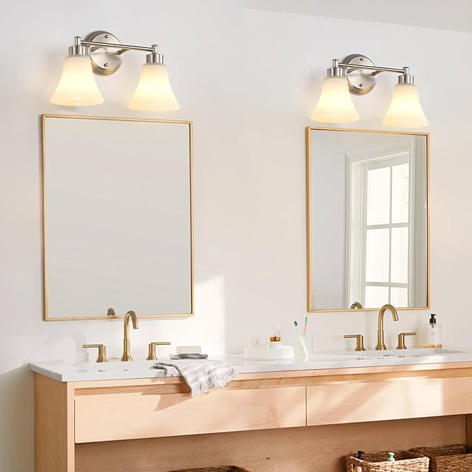 LOUSACE 2 Light Bathroom Vanity Light Brushed Nickel Bathroom Lighting Fixtures Over Mirror with Opal White Frosted Glass, Vintage Traditional Wall Lighting Fixture Satin Nickel Vanity Lights