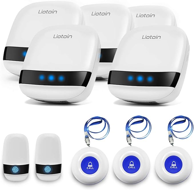 LIOTOIN Caregiver Pager Wireless SOS Call Button Nurse Alarm System Home/Elderly/Patient/Disabled/School Call Bell 5 Transmitter 5 Plug-in Receiver (600+ft Operating Range)…