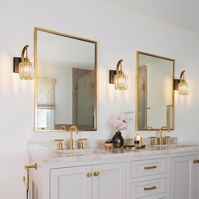 FDPBY Wall Sconces, Set of 2 Black Gold Crystal Vanity Lights, Modern Wall Lamp for Bathroom, Hallway, and Makeup, Easy Installation