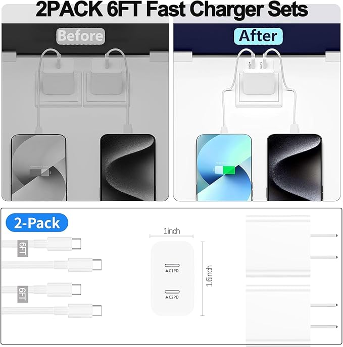 iPhone 17 16 15 Charger,USB C Charger Fast Charging,2Pack Dual Port Fast Wall Chargers Block with 6FT USB C Cable for iPhone 17 Pro Max/17 Pro/17/Air/16 Pro Max/16 Plus/16e/15/iPad Pro/Air/Mini/AirPod