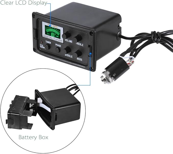 Acoustic Guitar Tuner, 3-Band EQ Equalizer LCD Display Volume Control Bass Middle Treble Knob for Acoustic Guitar
